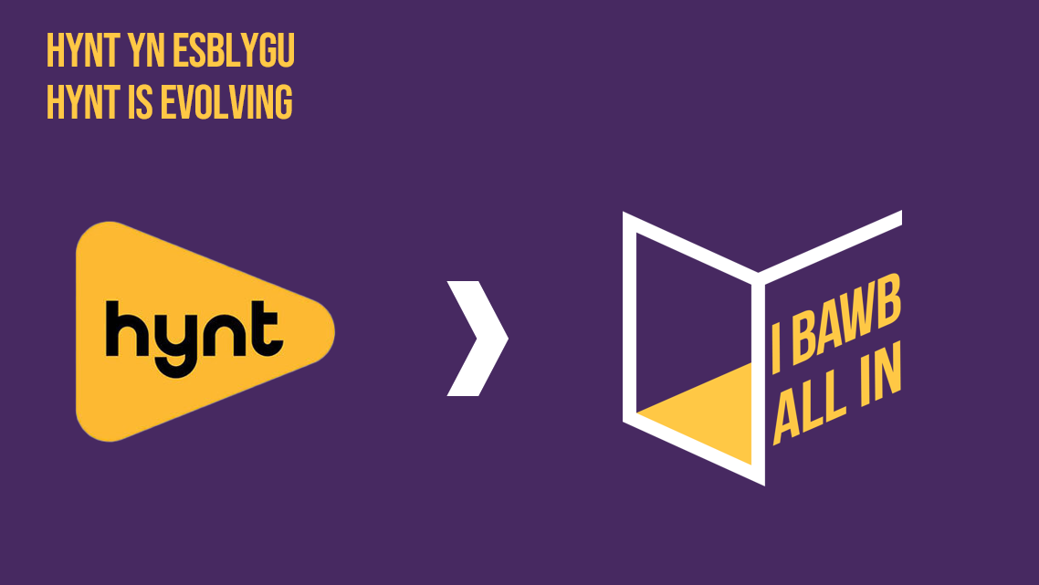 Image is a purple box which shows the yellow Hynt logo and the purple yellow and white I Bawb/All In Logo, the title says Hynt is evolving in English and Welsh.